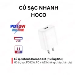 Củ sạc nhanh PD12W 1 cổng USB Hoco C134, tương thích nhiều thiết bị, chất liệu PC+ABS